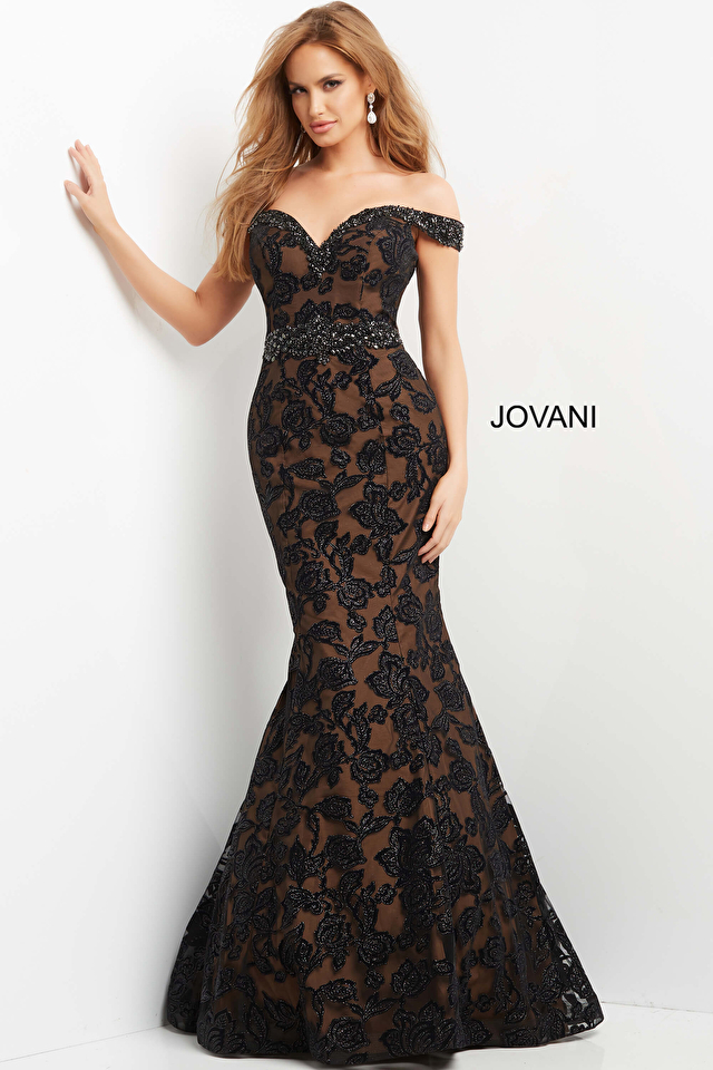 jovani Jovani 07061 Black Café Off The Shoulder Mermaid Evening Gown